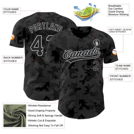 Custom Black Gray 3D Pattern Design Curve Lines Authentic Baseball Jersey Custom Black Gray 3D Pattern Design Curve Lines Authentic Baseball Jersey
