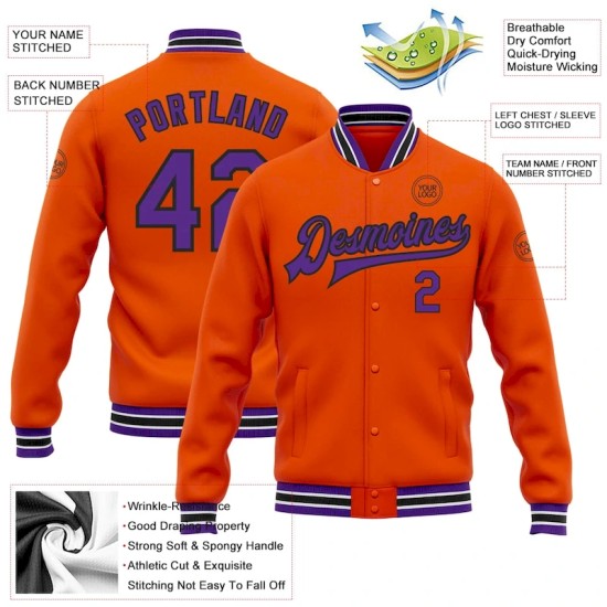 Custom Orange Purple-Black Bomber Full-Snap Varsity Letterman Jacket Custom Orange Purple-Black Bomber Full-Snap Varsity Letterman Jacket