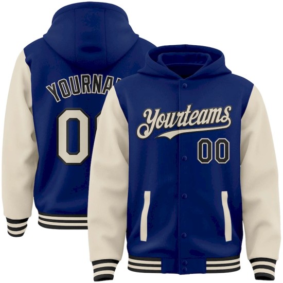 Custom Royal Cream-Black Bomber Full-Snap Varsity Letterman Two Tone Hoodie Jacket Custom Royal Cream-Black Bomber Full-Snap Varsity Letterman Two Tone Hoodie Jacket