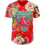 Custom Red Kelly Green-White 3D Pattern Design Northeast China Big Flower Authentic Baseball Jersey Custom Red Kelly Green-White 3D Pattern Design Northeast China Big Flower Authentic Baseball Jersey