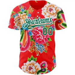 Custom Red Kelly Green-White 3D Pattern Design Northeast China Big Flower Authentic Baseball Jersey Custom Red Kelly Green-White 3D Pattern Design Northeast China Big Flower Authentic Baseball Jersey
