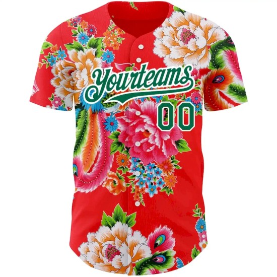 Custom Red Kelly Green-White 3D Pattern Design Northeast China Big Flower Authentic Baseball Jersey Custom Red Kelly Green-White 3D Pattern Design Northeast China Big Flower Authentic Baseball Jersey