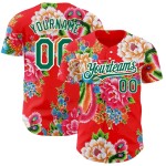 Custom Red Kelly Green-White 3D Pattern Design Northeast China Big Flower Authentic Baseball Jersey Custom Red Kelly Green-White 3D Pattern Design Northeast China Big Flower Authentic Baseball Jersey