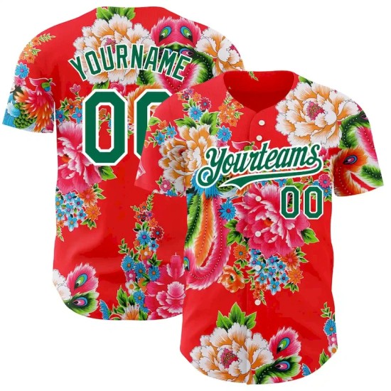 Custom Red Kelly Green-White 3D Pattern Design Northeast China Big Flower Authentic Baseball Jersey Custom Red Kelly Green-White 3D Pattern Design Northeast China Big Flower Authentic Baseball Jersey