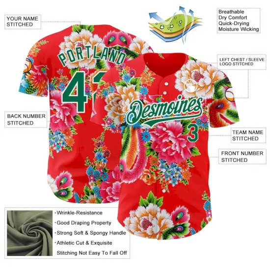 Custom Red Kelly Green-White 3D Pattern Design Northeast China Big Flower Authentic Baseball Jersey Custom Red Kelly Green-White 3D Pattern Design Northeast China Big Flower Authentic Baseball Jersey