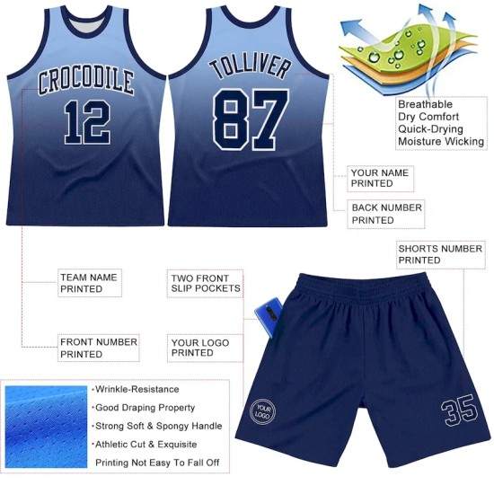 Custom Light Blue Navy-White Fade Fashion Round Neck Sublimation Basketball Suit Jersey Custom Light Blue Navy-White Fade Fashion Round Neck Sublimation Basketball Suit Jersey