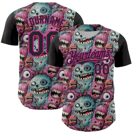 Custom Black Deep Pink 3D Pattern Design Rave Monster Authentic Baseball Jersey