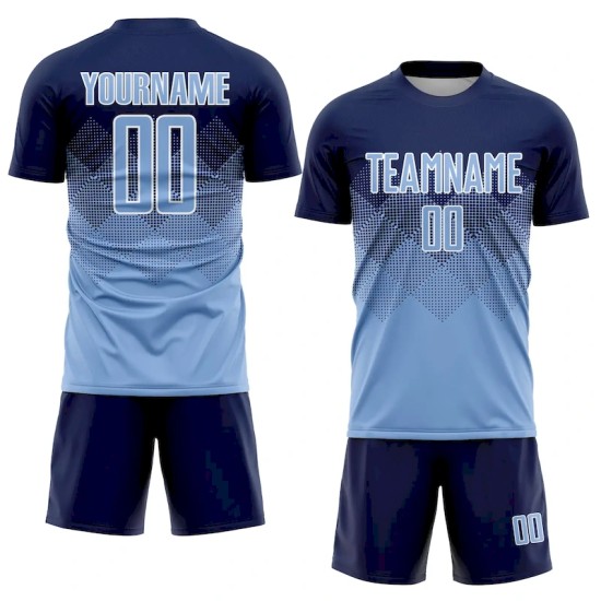 Custom Navy Light Blue-White Sublimation Soccer Uniform Jersey Custom Navy Light Blue-White Sublimation Soccer Uniform Jersey