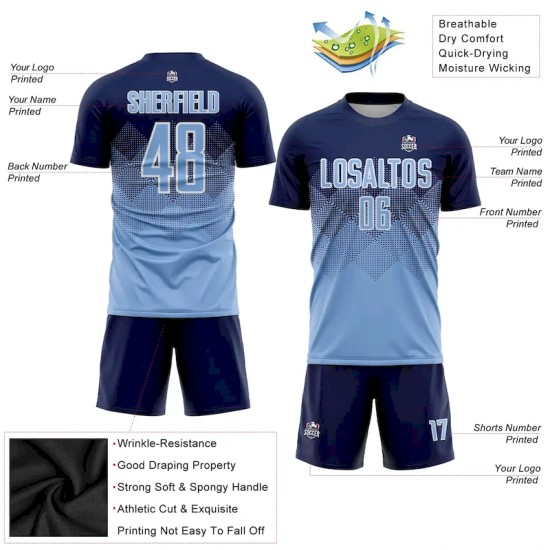 Custom Navy Light Blue-White Sublimation Soccer Uniform Jersey Custom Navy Light Blue-White Sublimation Soccer Uniform Jersey
