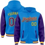 Custom Powder Blue Purple-Gold Bomber Full-Snap Varsity Letterman Two Tone Hoodie Jacket Custom Powder Blue Purple-Gold Bomber Full-Snap Varsity Letterman Two Tone Hoodie Jacket