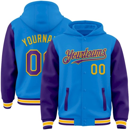 Custom Powder Blue Purple-Gold Bomber Full-Snap Varsity Letterman Two Tone Hoodie Jacket Custom Powder Blue Purple-Gold Bomber Full-Snap Varsity Letterman Two Tone Hoodie Jacket