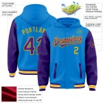 Custom Powder Blue Purple-Gold Bomber Full-Snap Varsity Letterman Two Tone Hoodie Jacket Custom Powder Blue Purple-Gold Bomber Full-Snap Varsity Letterman Two Tone Hoodie Jacket