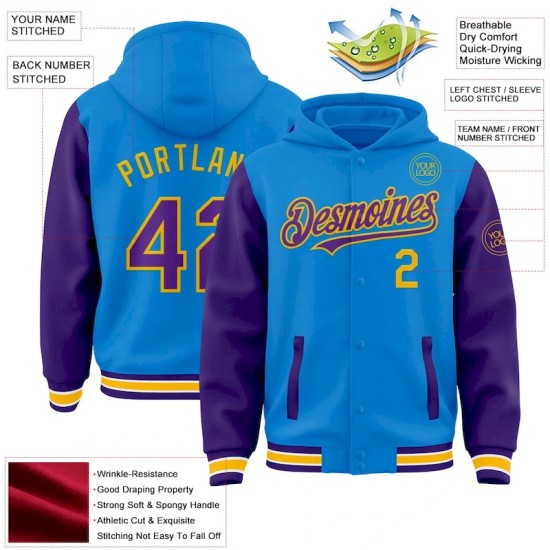 Custom Powder Blue Purple-Gold Bomber Full-Snap Varsity Letterman Two Tone Hoodie Jacket Custom Powder Blue Purple-Gold Bomber Full-Snap Varsity Letterman Two Tone Hoodie Jacket