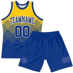 Custom Yellow Royal-White Gradient Square Shapes Round Neck Sublimation Basketball Suit Jersey