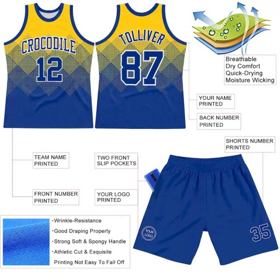 Custom Yellow Royal-White Gradient Square Shapes Round Neck Sublimation Basketball Suit Jersey Custom Yellow Royal-White Gradient Square Shapes Round Neck Sublimation Basketball Suit Jersey