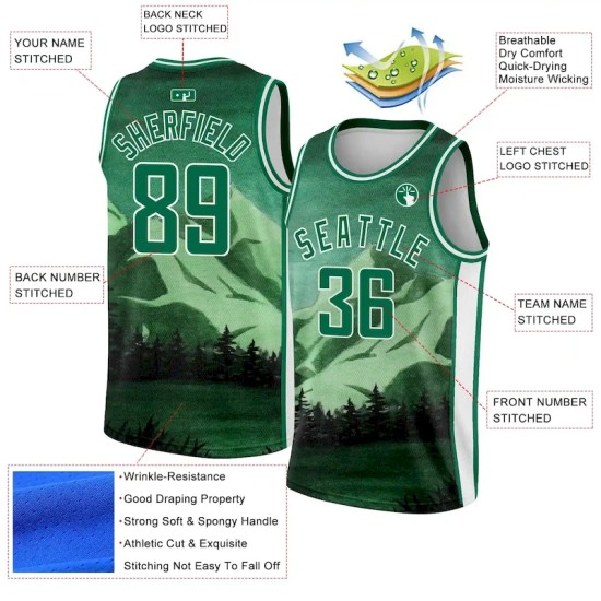 Custom Kelly Green White 3D Pattern Design Natural Landscape Watercolor Style Authentic Basketball Jersey Custom Kelly Green White 3D Pattern Design Natural Landscape Watercolor Style Authentic Basketball Jersey