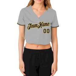 Custom Women's Gray Navy-Gold V-Neck Cropped Baseball Jersey Custom Women's Gray Navy-Gold V-Neck Cropped Baseball Jersey