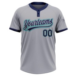 Custom Gray Navy-Teal Two-Button Unisex Softball Jersey Custom Gray Navy-Teal Two-Button Unisex Softball Jersey