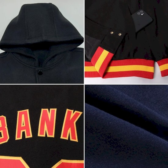 Custom Navy Red-White Bomber Full-Snap Varsity Letterman Hoodie Jacket