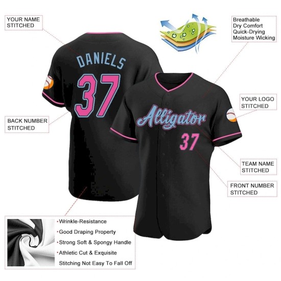 Custom Black Pink-Light Blue Authentic Baseball Jersey Custom Black Pink-Light Blue Authentic Baseball Jersey